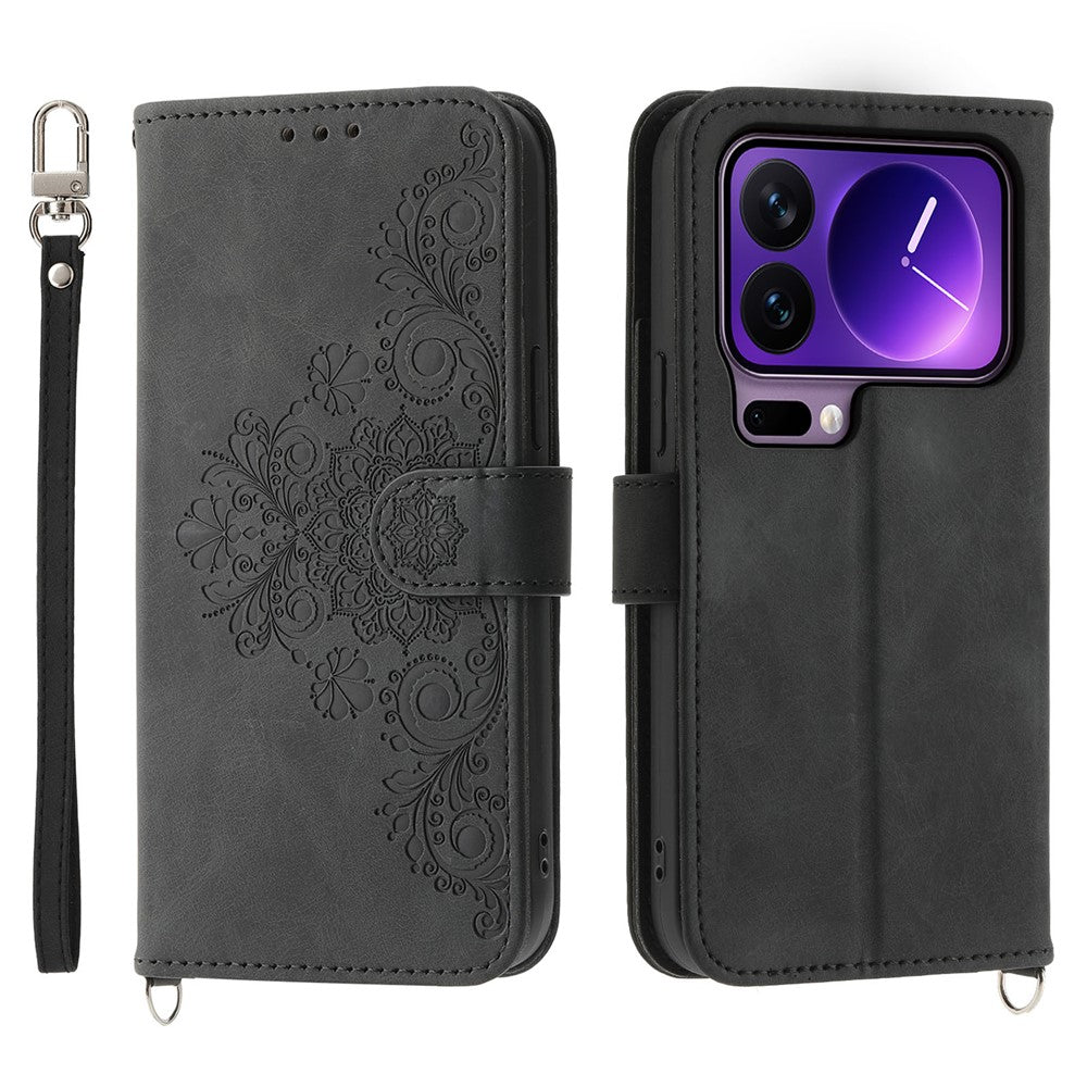 For Xiaomi 17 Pro Case Flower Pattern PU Leather Wallet Phone Cover with Strap