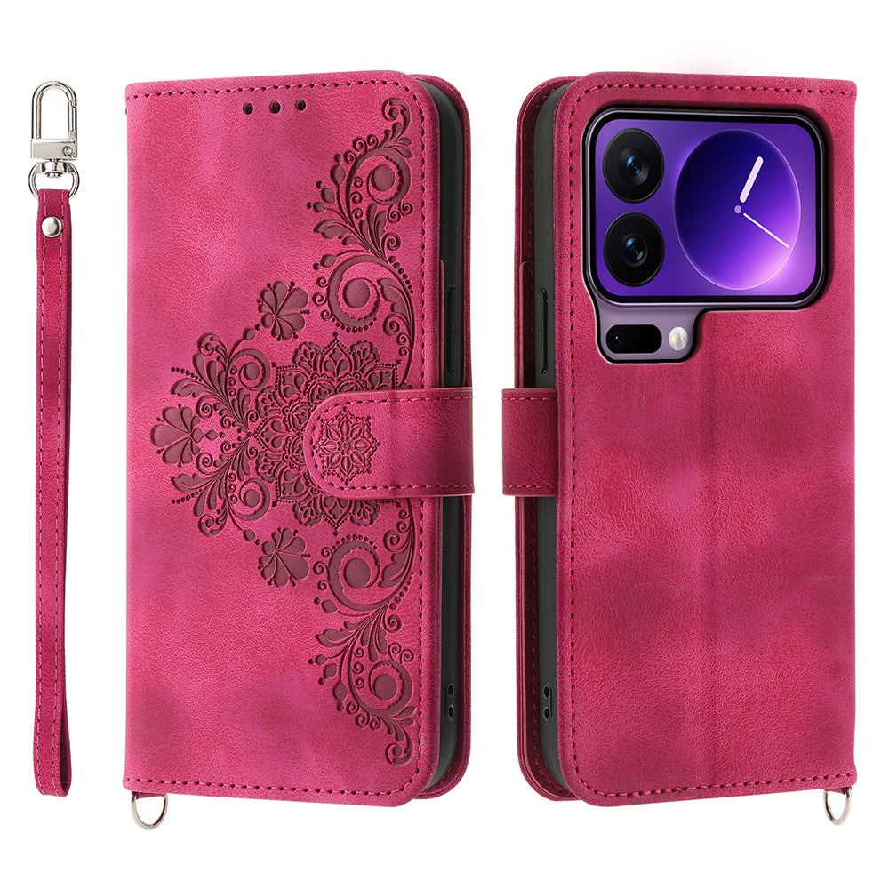 For Xiaomi 17 Pro Case Flower Pattern PU Leather Wallet Phone Cover with Strap