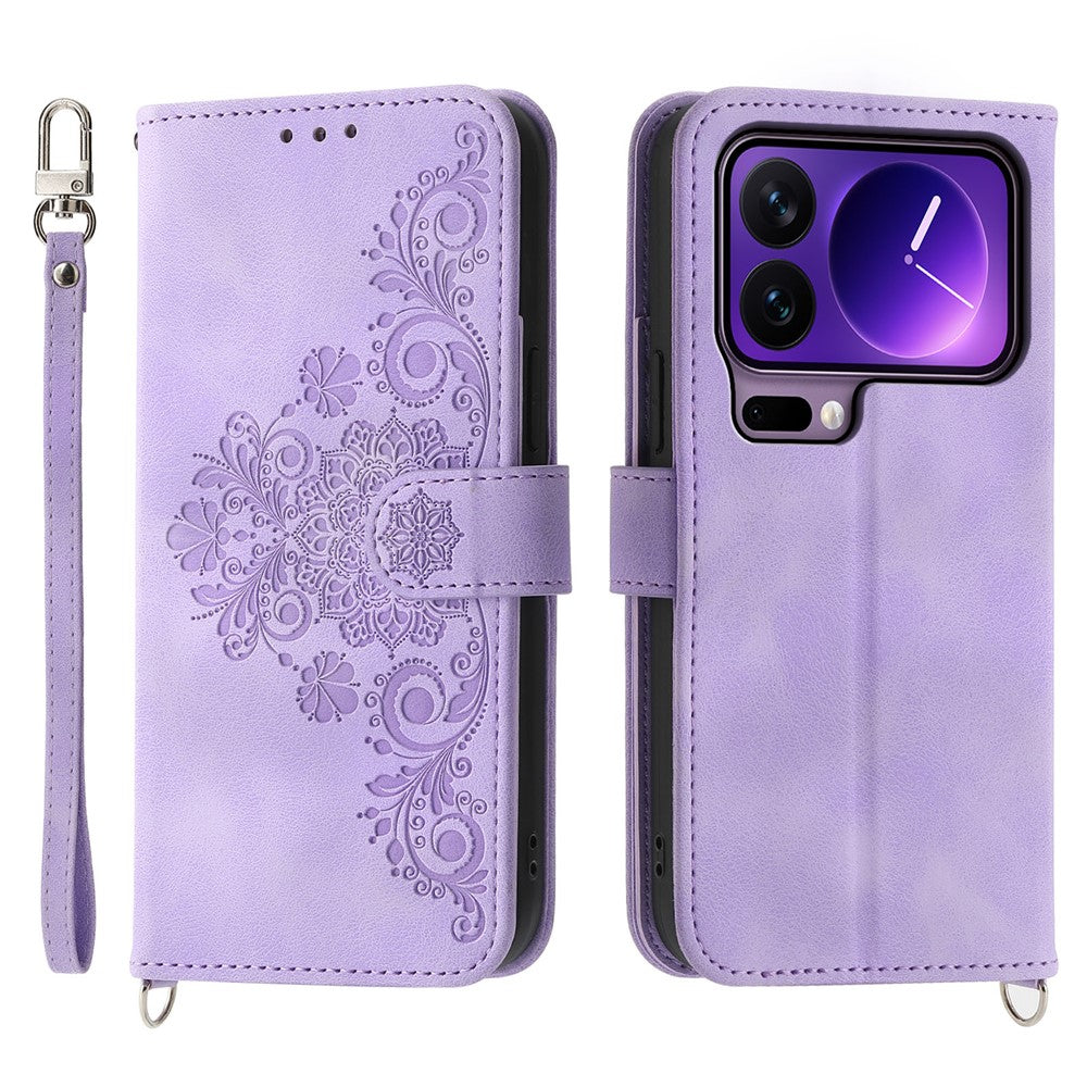 For Xiaomi 17 Pro Case Flower Pattern PU Leather Wallet Phone Cover with Strap