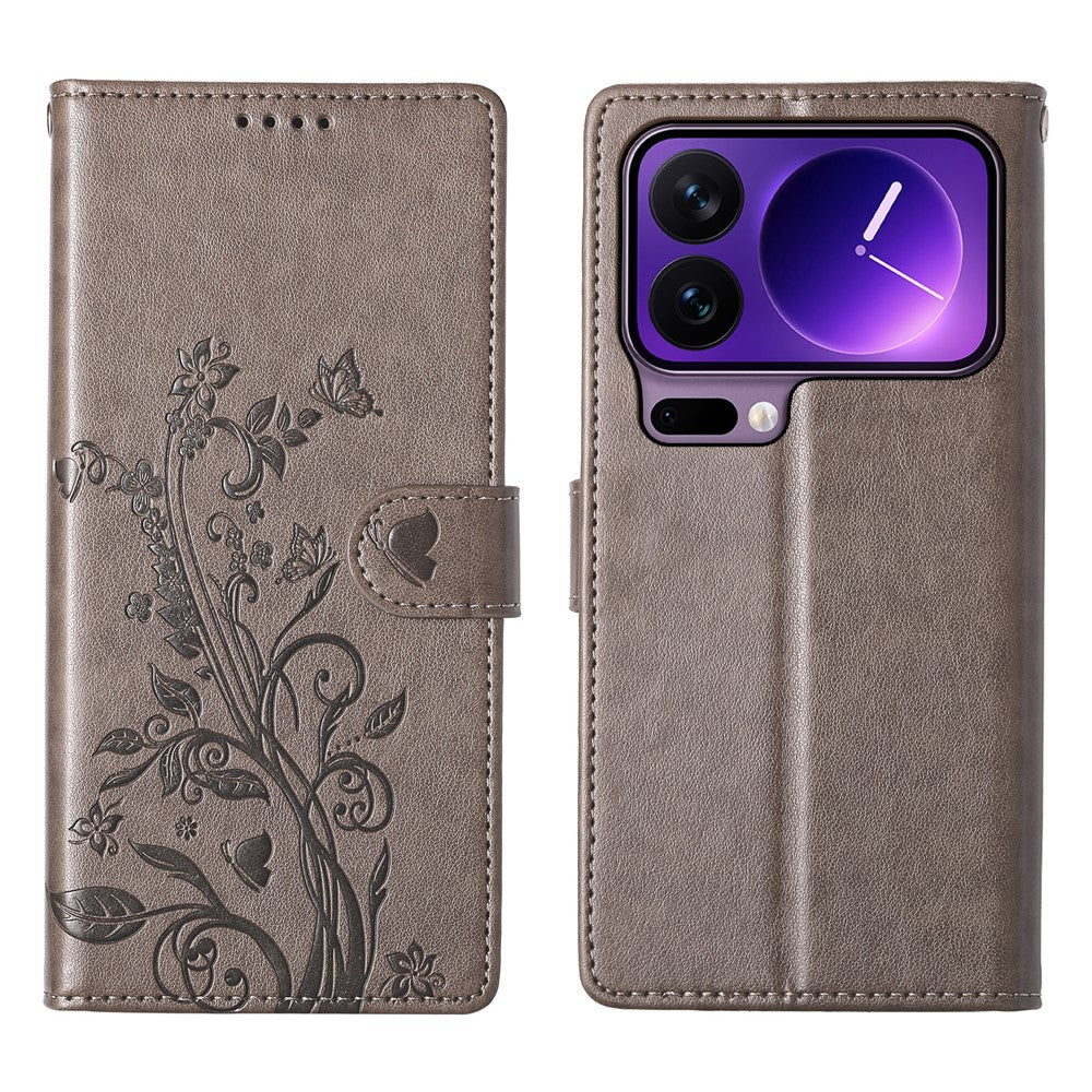 For Xiaomi 17 Pro Wallet Case Butterfly Floral Imprint PU Leather Phone Cover with Wrist Strap
