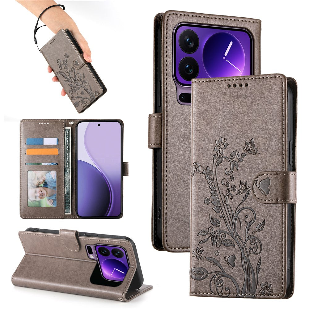 For Xiaomi 17 Pro Wallet Case Butterfly Floral Imprint PU Leather Phone Cover with Wrist Strap