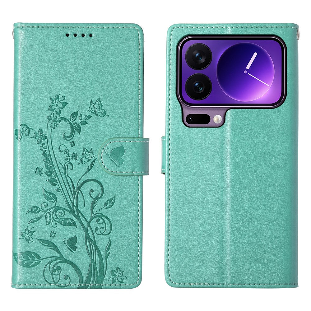For Xiaomi 17 Pro Wallet Case Butterfly Floral Imprint PU Leather Phone Cover with Wrist Strap