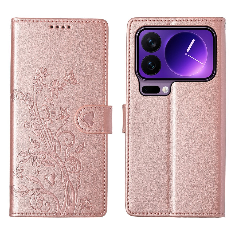 For Xiaomi 17 Pro Wallet Case Butterfly Floral Imprint PU Leather Phone Cover with Wrist Strap
