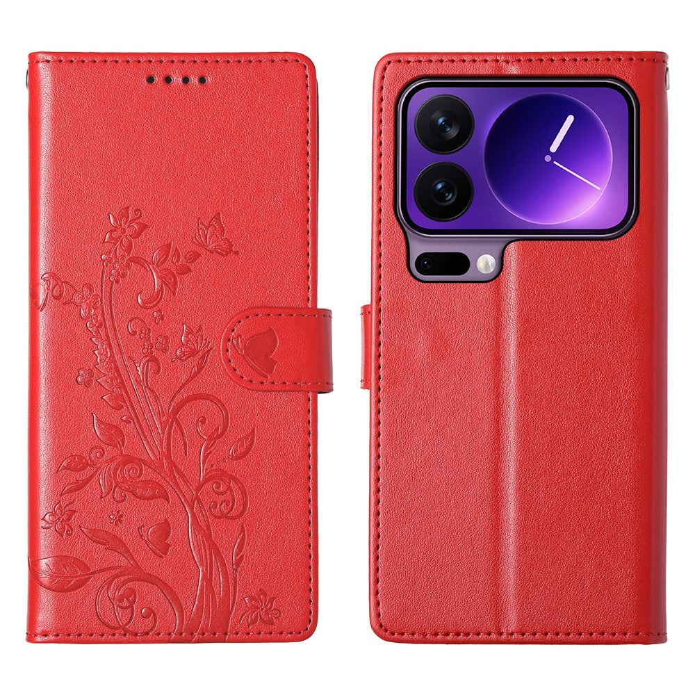For Xiaomi 17 Pro Wallet Case Butterfly Floral Imprint PU Leather Phone Cover with Wrist Strap