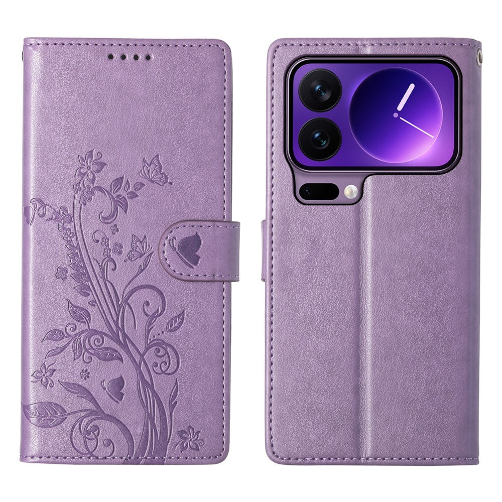 For Xiaomi 17 Pro Wallet Case Butterfly Floral Imprint PU Leather Phone Cover with Wrist Strap