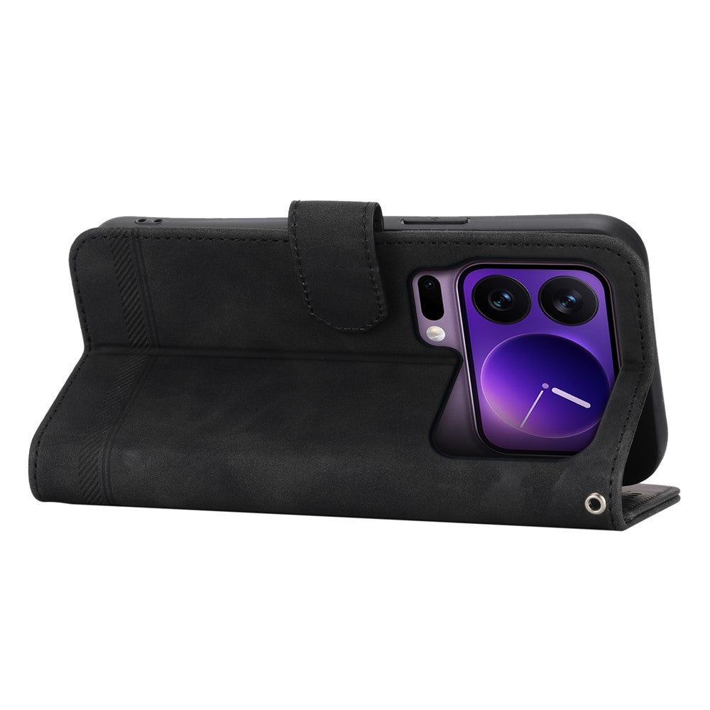 DIERFENG DF-03 For Xiaomi 17 Pro Case Lines Imprint Wallet Leather Phone Cover with Wrist Strap