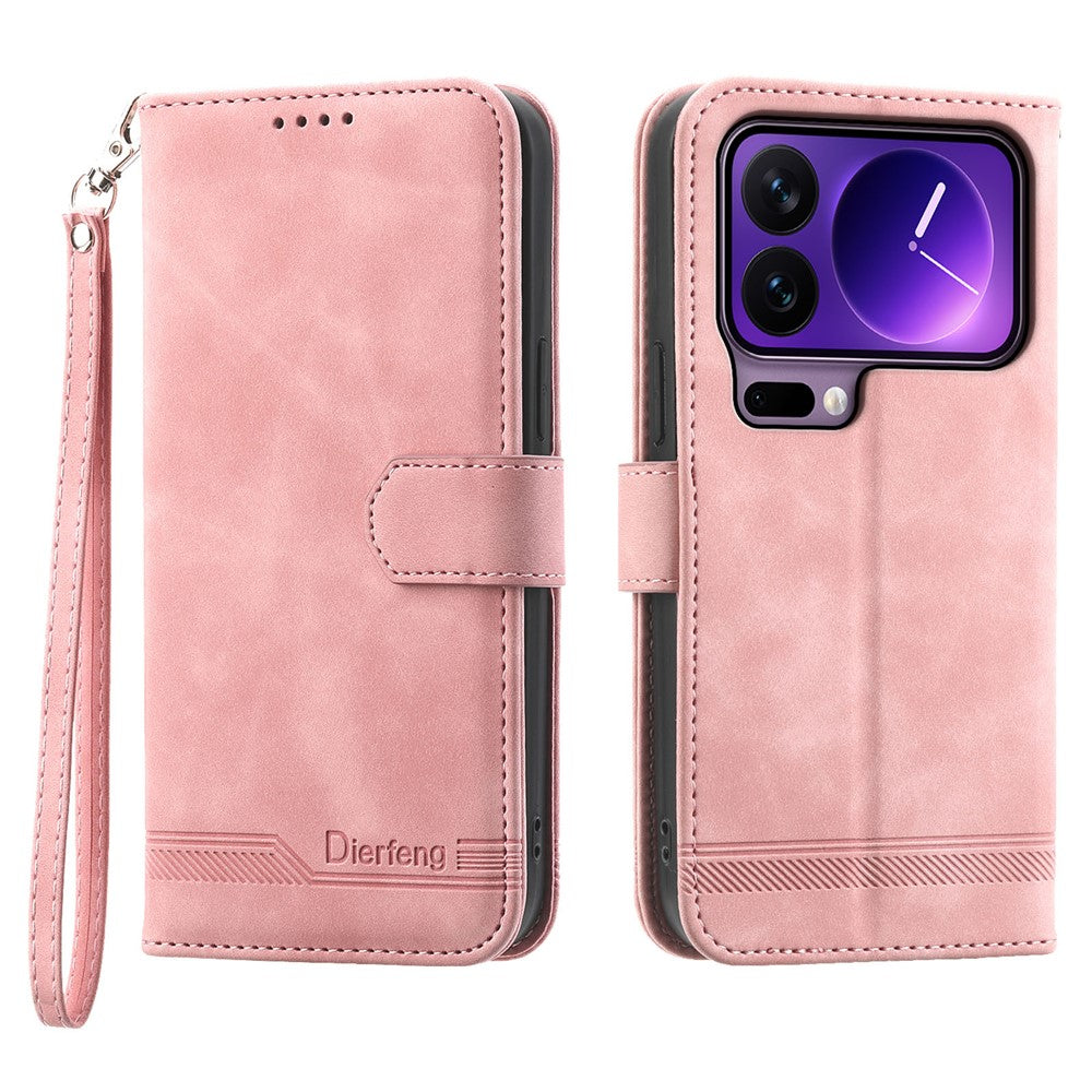 DIERFENG DF-03 For Xiaomi 17 Pro Case Lines Imprint Wallet Leather Phone Cover with Wrist Strap