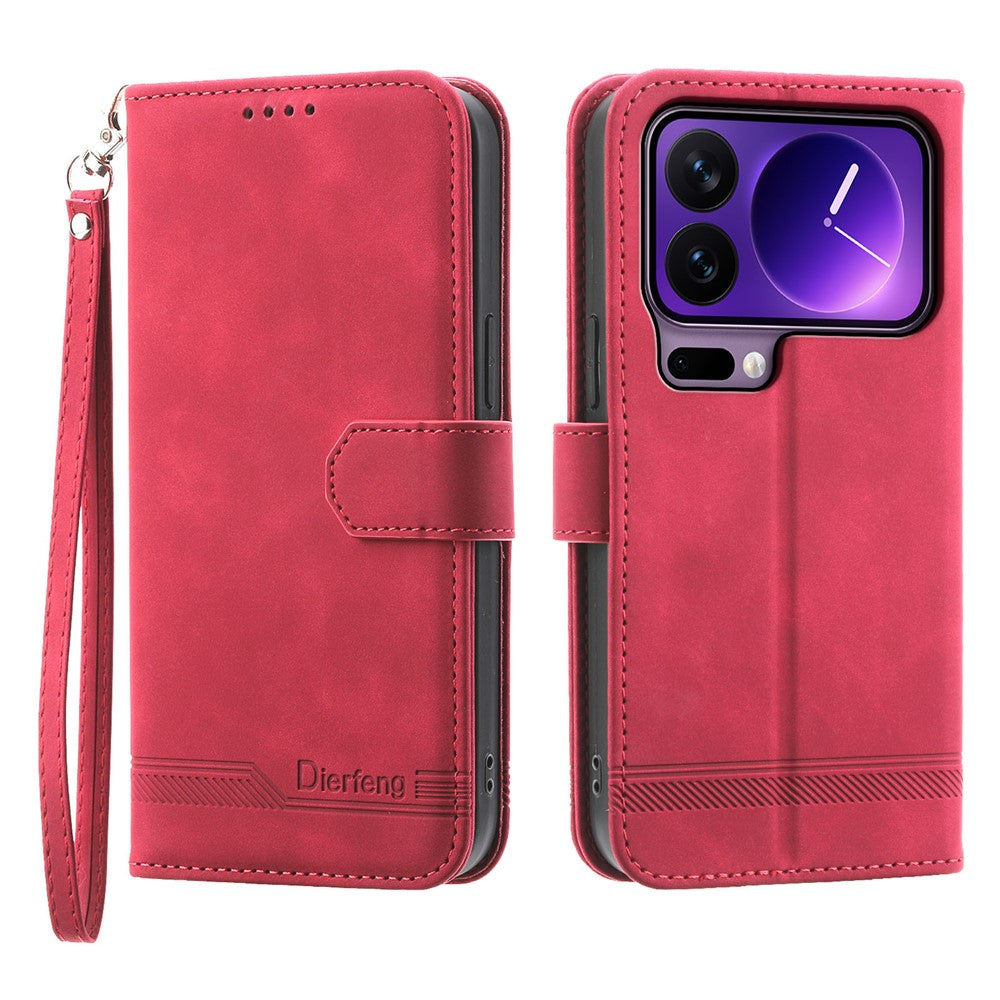 DIERFENG DF-03 For Xiaomi 17 Pro Case Lines Imprint Wallet Leather Phone Cover with Wrist Strap