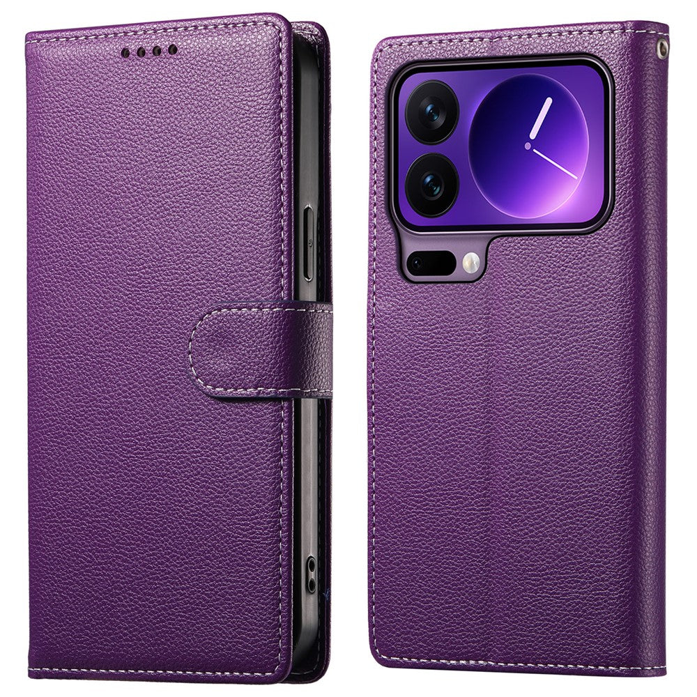 For Xiaomi 17 Pro Case Magnetic Snap Litchi Texture Leather Wallet Phone Cover with Wrist Strap