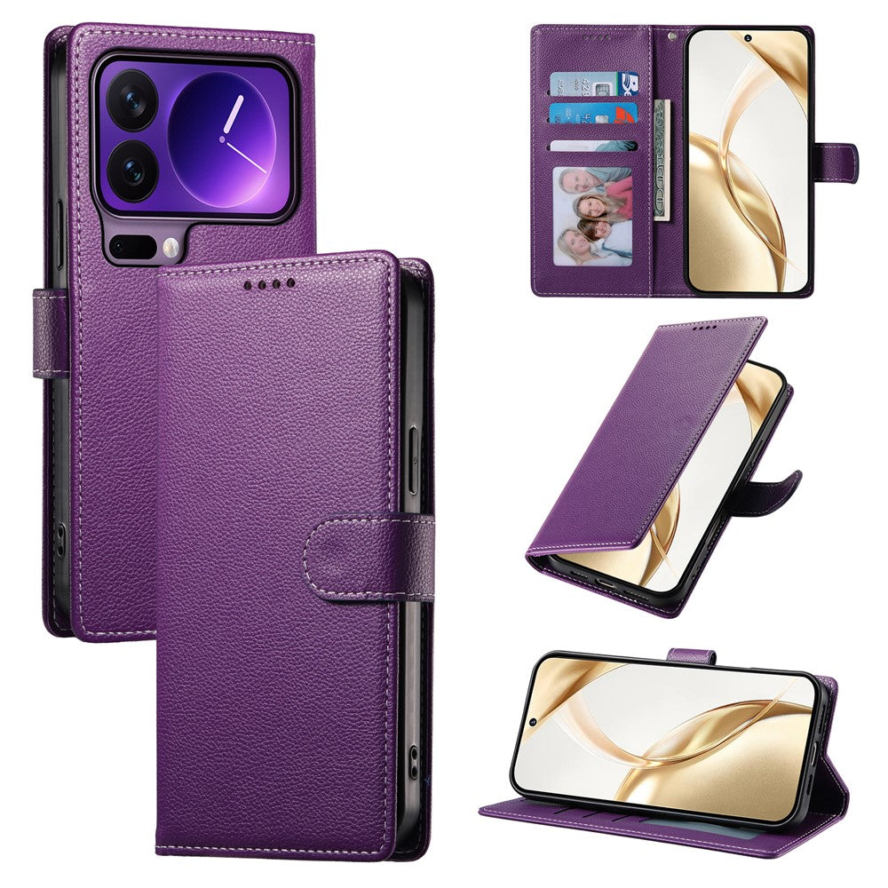 For Xiaomi 17 Pro Case Magnetic Snap Litchi Texture Leather Wallet Phone Cover with Wrist Strap