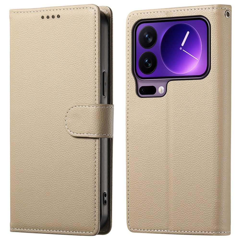 For Xiaomi 17 Pro Case Magnetic Snap Litchi Texture Leather Wallet Phone Cover with Wrist Strap