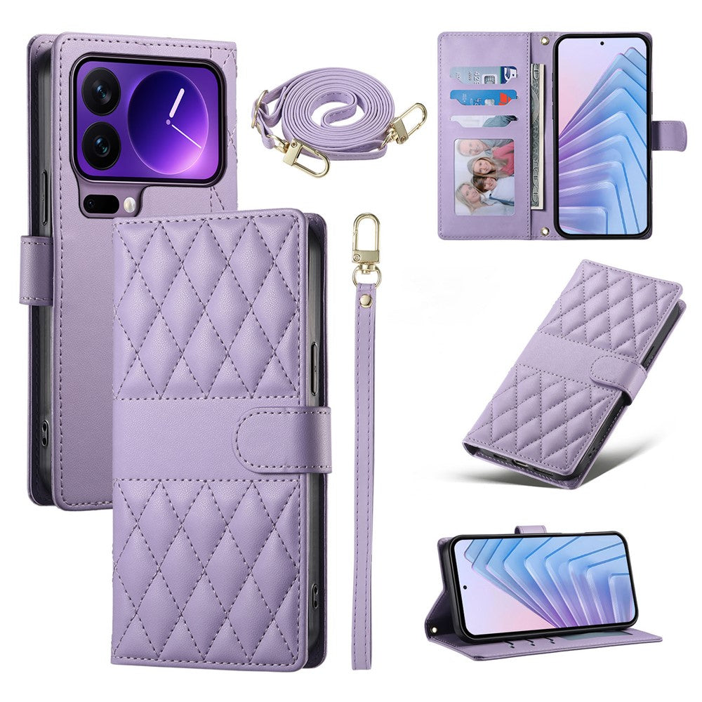 For Xiaomi 17 Pro Wallet Case Rhombus Stitching Stand Leather Phone Cover with Long  /  Short Strap