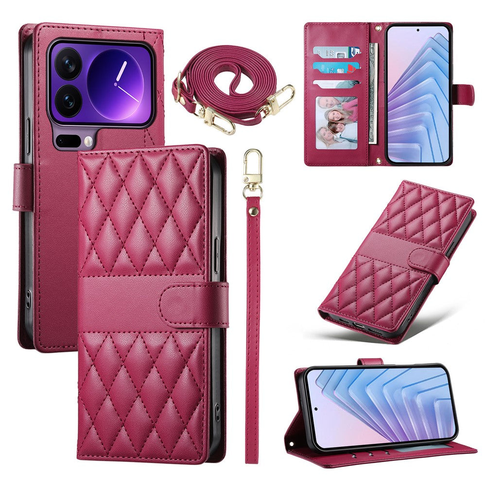 For Xiaomi 17 Pro Wallet Case Rhombus Stitching Stand Leather Phone Cover with Long  /  Short Strap