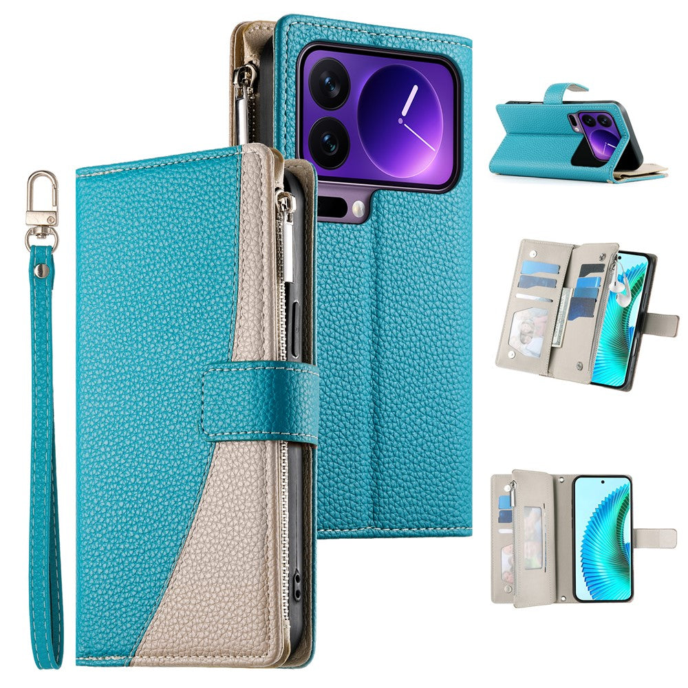For Xiaomi 17 Pro Case Zipper Wallet Color Splicing Leather Flip Phone Cover with Straps
