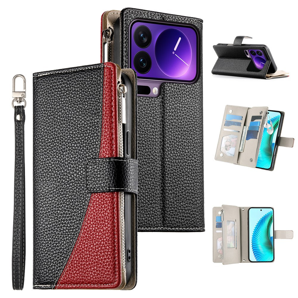 For Xiaomi 17 Pro Case Zipper Wallet Color Splicing Leather Flip Phone Cover with Straps
