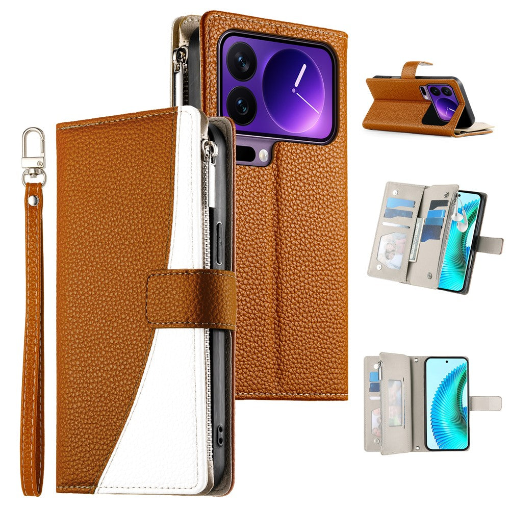 For Xiaomi 17 Pro Case Zipper Wallet Color Splicing Leather Flip Phone Cover with Straps