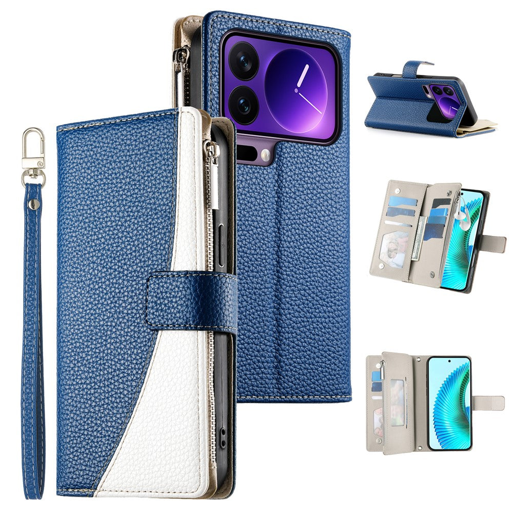For Xiaomi 17 Pro Case Zipper Wallet Color Splicing Leather Flip Phone Cover with Straps