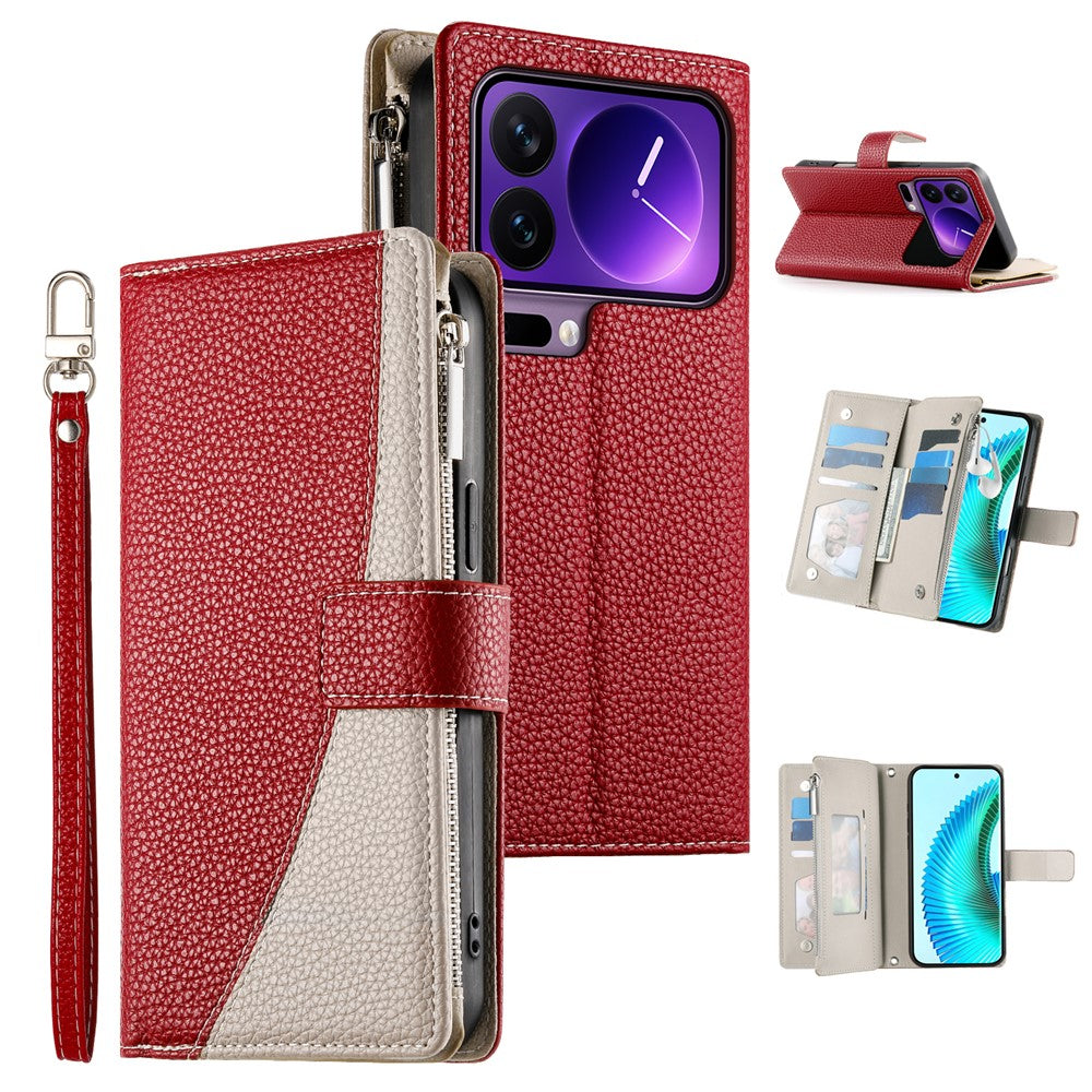 For Xiaomi 17 Pro Case Zipper Wallet Color Splicing Leather Flip Phone Cover with Straps