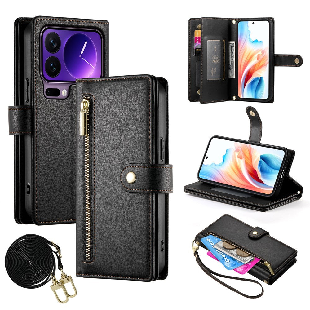 For Xiaomi 17 Pro Case Zipper Pocket Wallet Leather Phone Cover with Straps