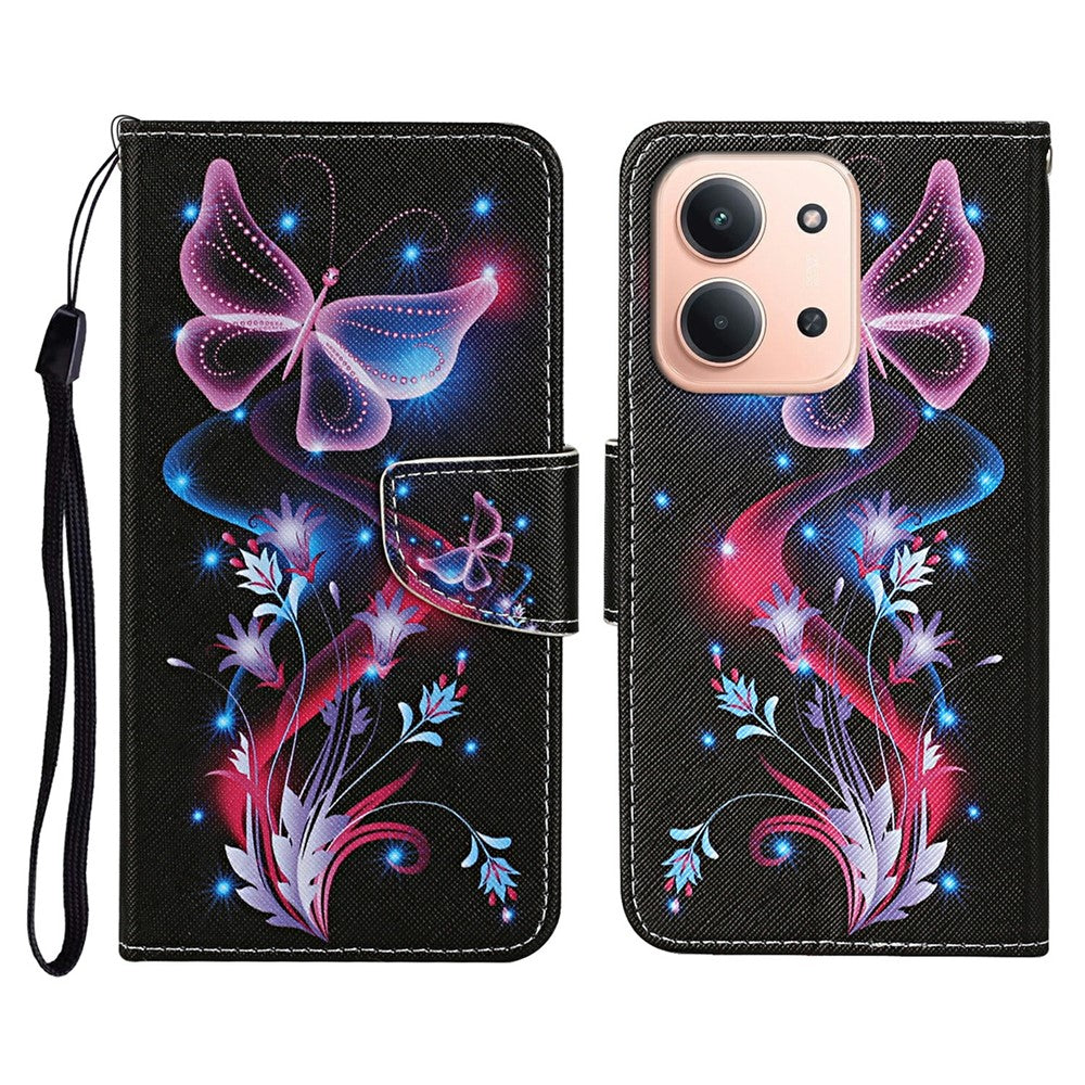 Leather Case for Xiaomi Redmi 15C 4G (EU) (173mm) / 15C 5G (EU) (173mm) / Poco C85 4G (173mm) Pattern Printing Folio Phone Cover with Wrist Strap