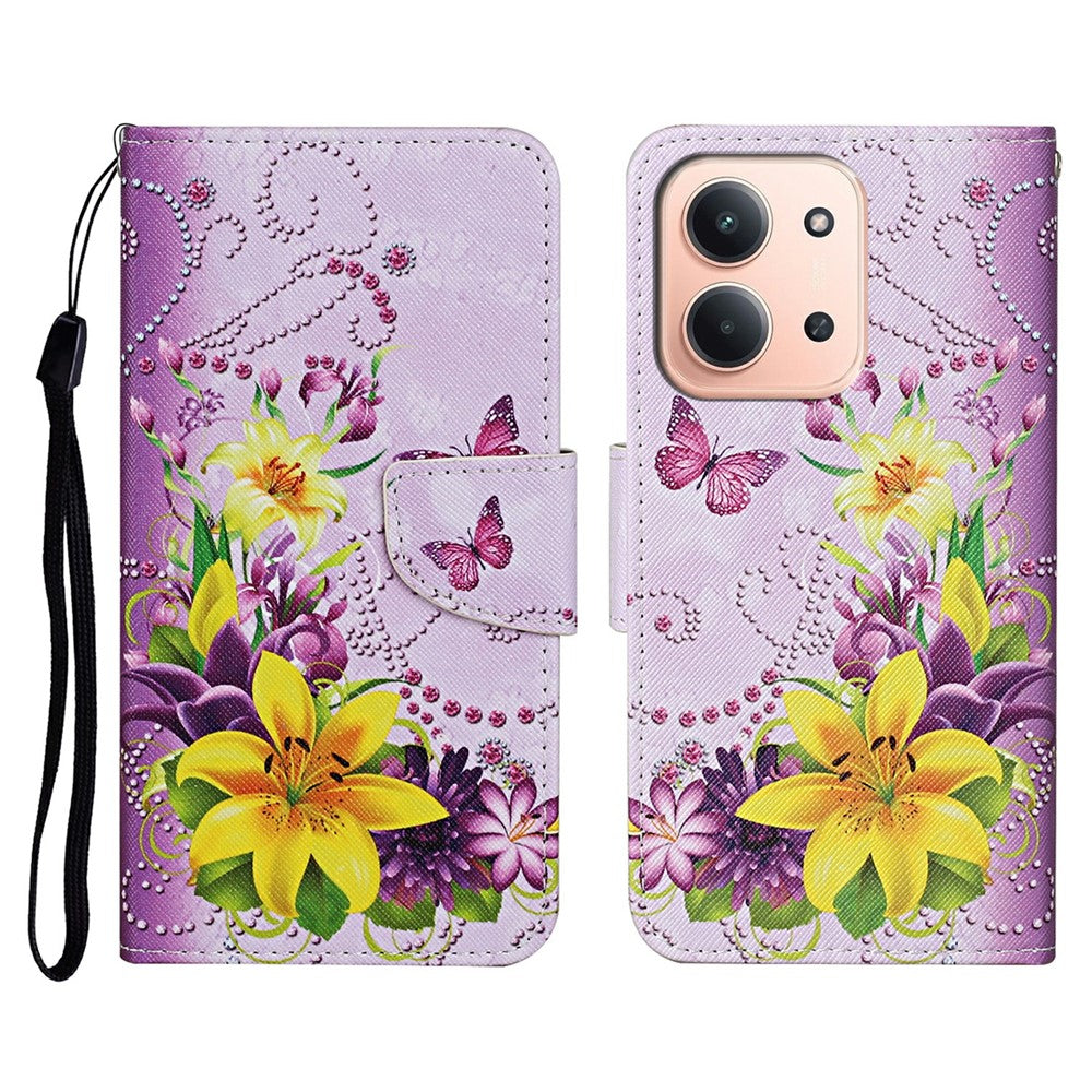 Leather Case for Xiaomi Redmi 15C 4G (EU) (173mm) / 15C 5G (EU) (173mm) / Poco C85 4G (173mm) Pattern Printing Folio Phone Cover with Wrist Strap
