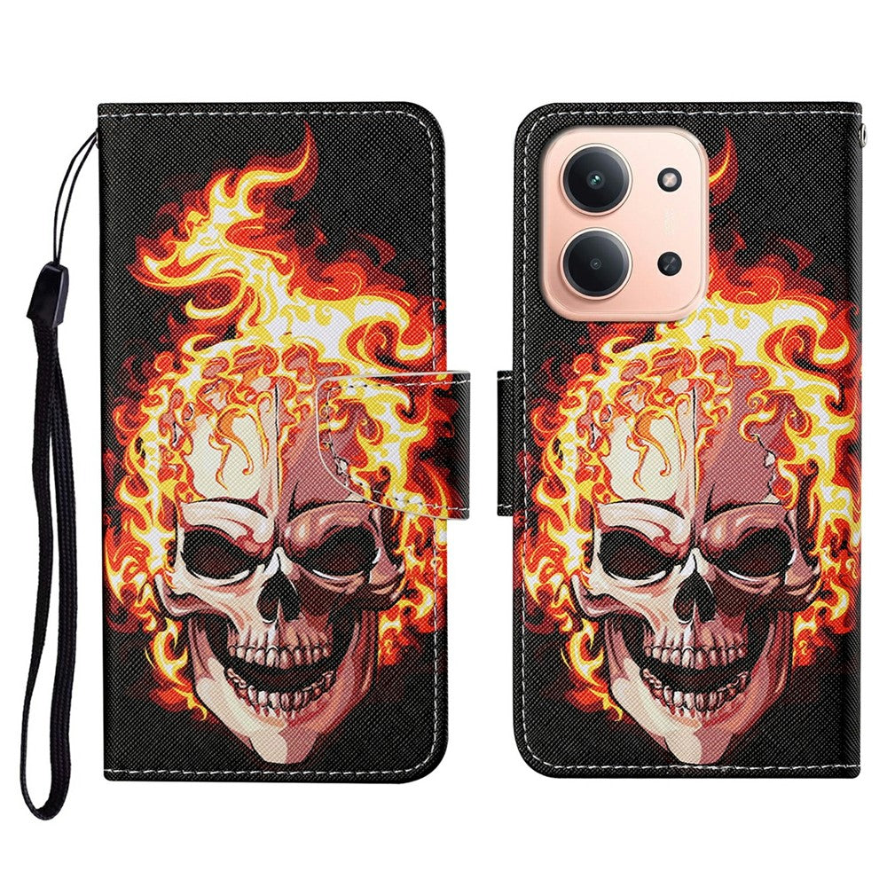 Leather Case for Xiaomi Redmi 15C 4G (EU) (173mm) / 15C 5G (EU) (173mm) / Poco C85 4G (173mm) Pattern Printing Folio Phone Cover with Wrist Strap