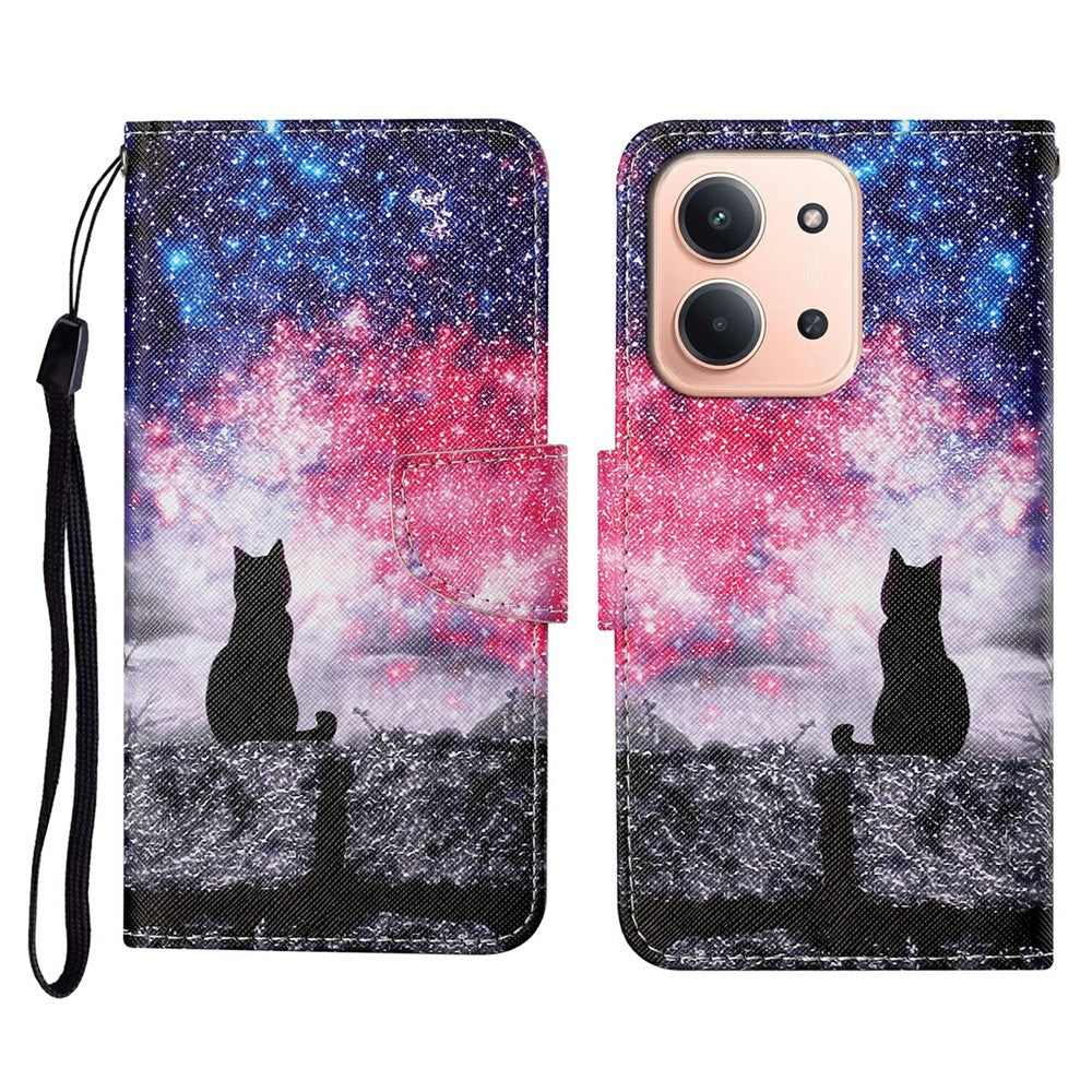 Leather Case for Xiaomi Redmi 15C 4G (EU) (173mm) / 15C 5G (EU) (173mm) / Poco C85 4G (173mm) Pattern Printing Folio Phone Cover with Wrist Strap