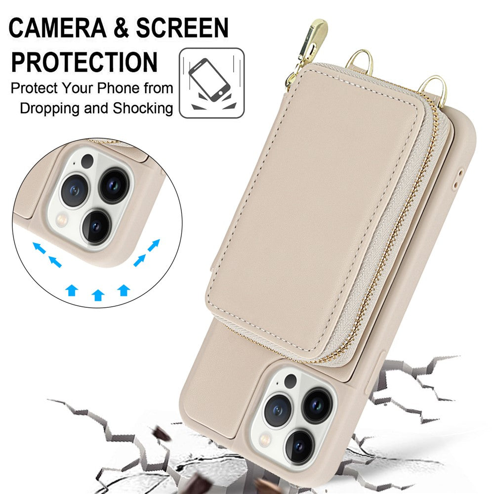 For iPhone 13 Pro Case RFID Blocking Zipper Wallet Leather + TPU Phone Cover with Shoulder Strap