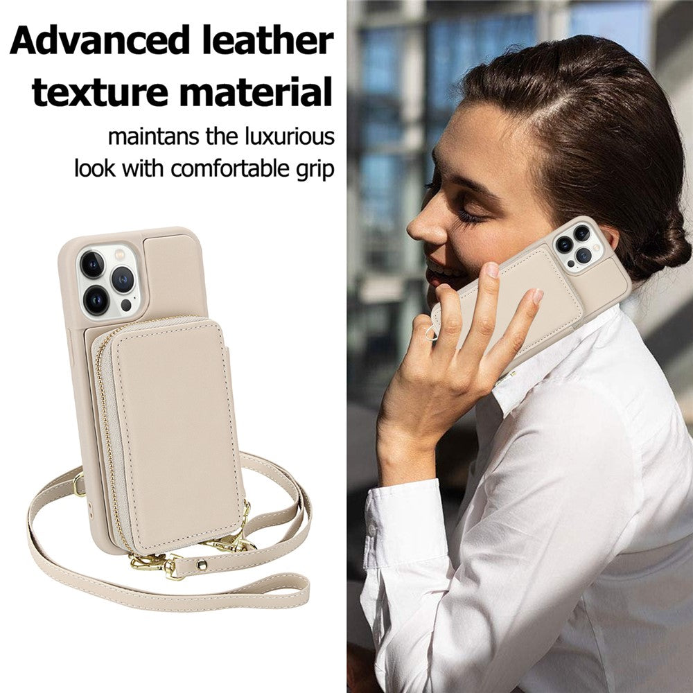 For iPhone 13 Pro Case RFID Blocking Zipper Wallet Leather + TPU Phone Cover with Shoulder Strap