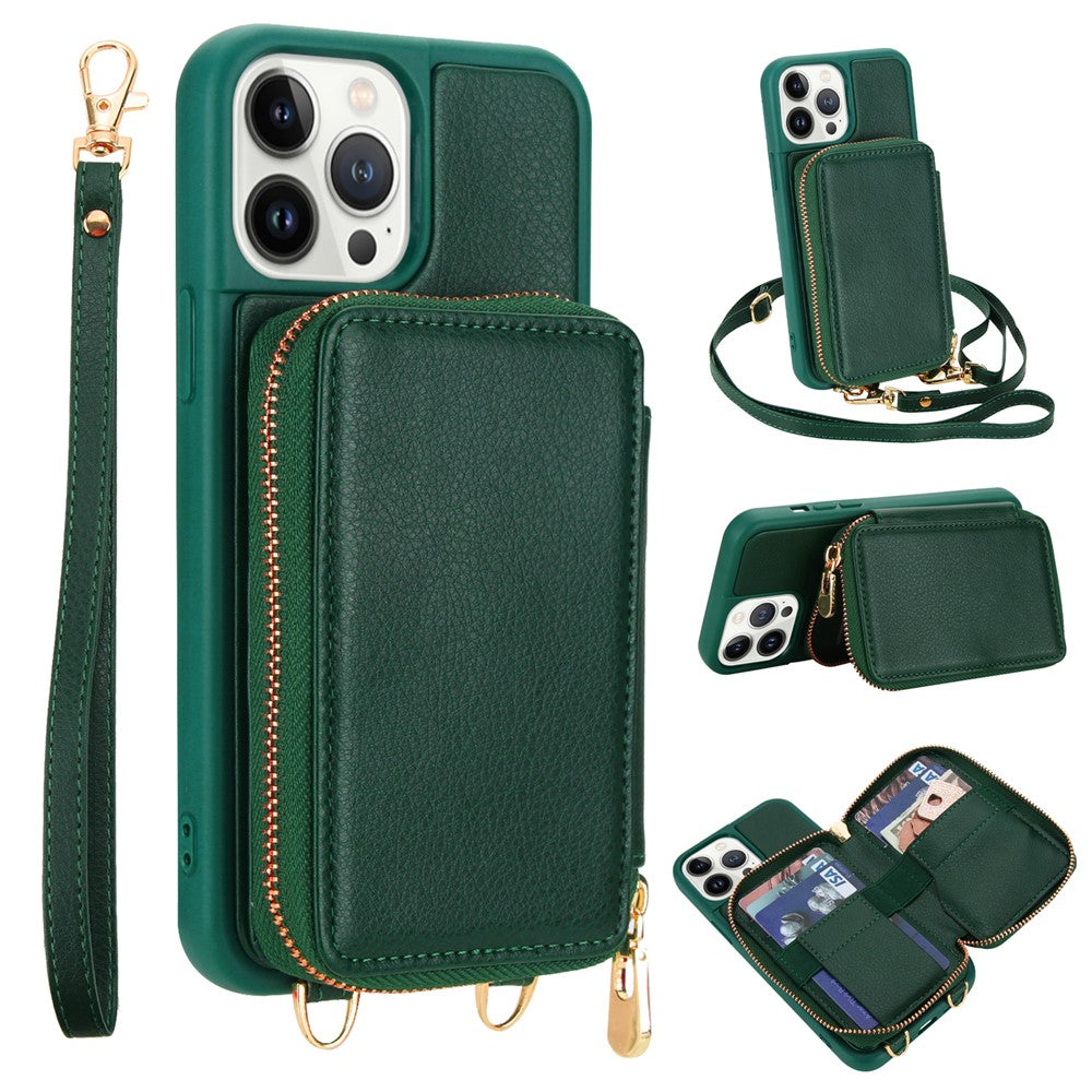 For iPhone 13 Pro Case RFID Blocking Zipper Wallet Leather + TPU Phone Cover with Shoulder Strap