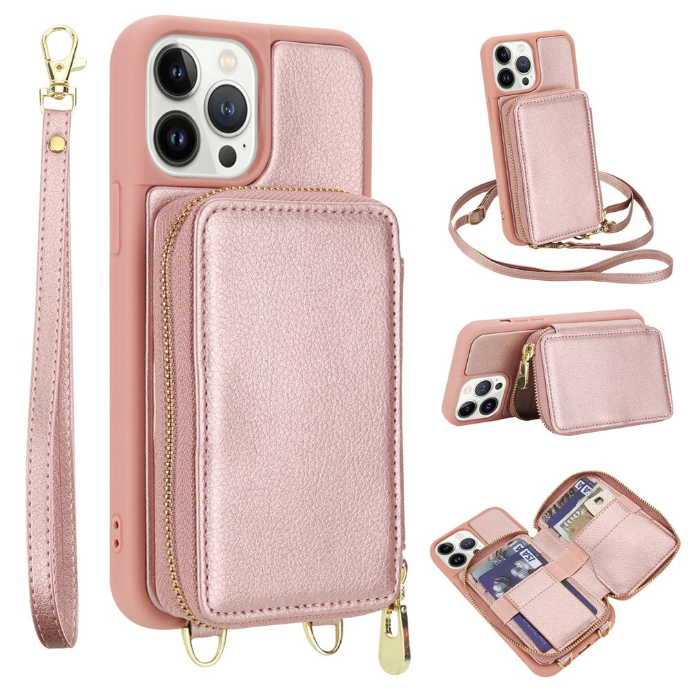 For iPhone 13 Pro Case RFID Blocking Zipper Wallet Leather + TPU Phone Cover with Shoulder Strap