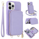For iPhone 13 Pro Case RFID Blocking Zipper Wallet Leather + TPU Phone Cover with Shoulder Strap