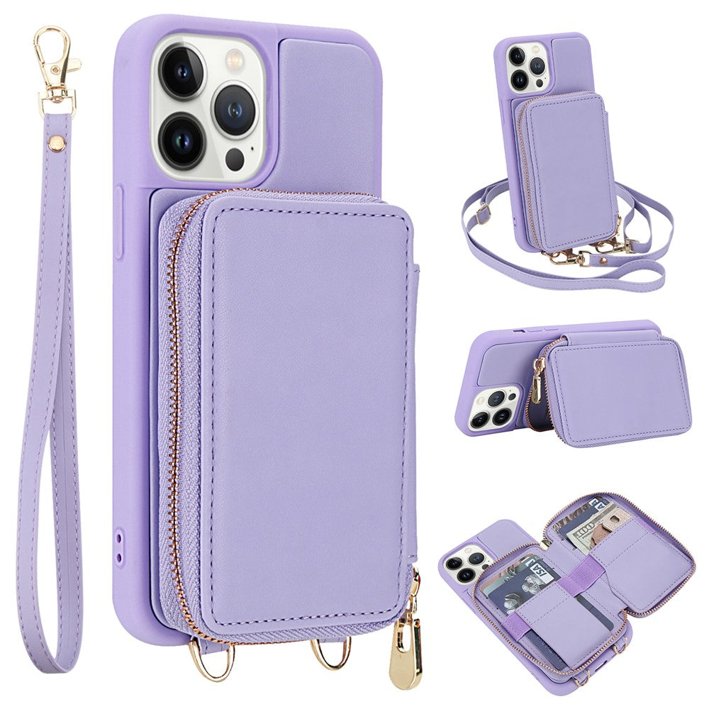 For iPhone 13 Pro Case RFID Blocking Zipper Wallet Leather + TPU Phone Cover with Shoulder Strap