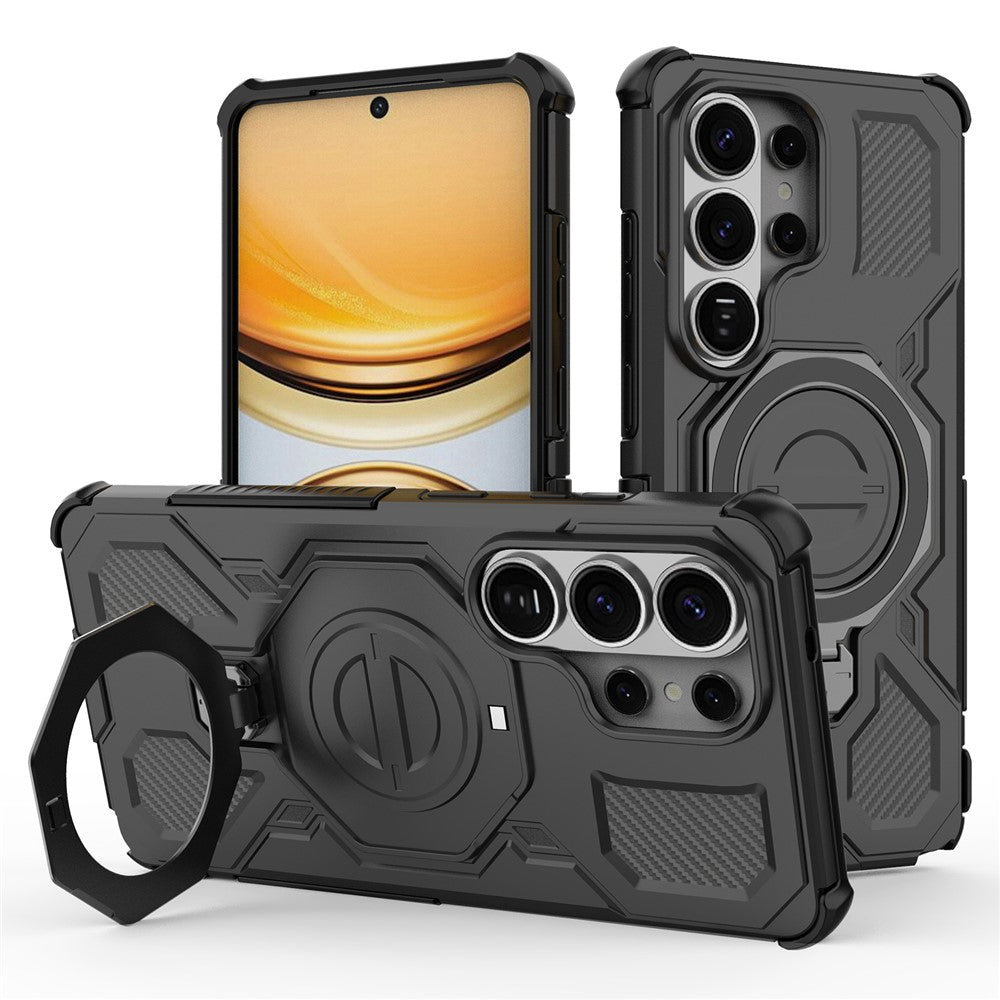 Samsung Galaxy S26 Ultra-magnetetui med roterende metalstativ, stødsikkert PC- og TPU-mobilcover