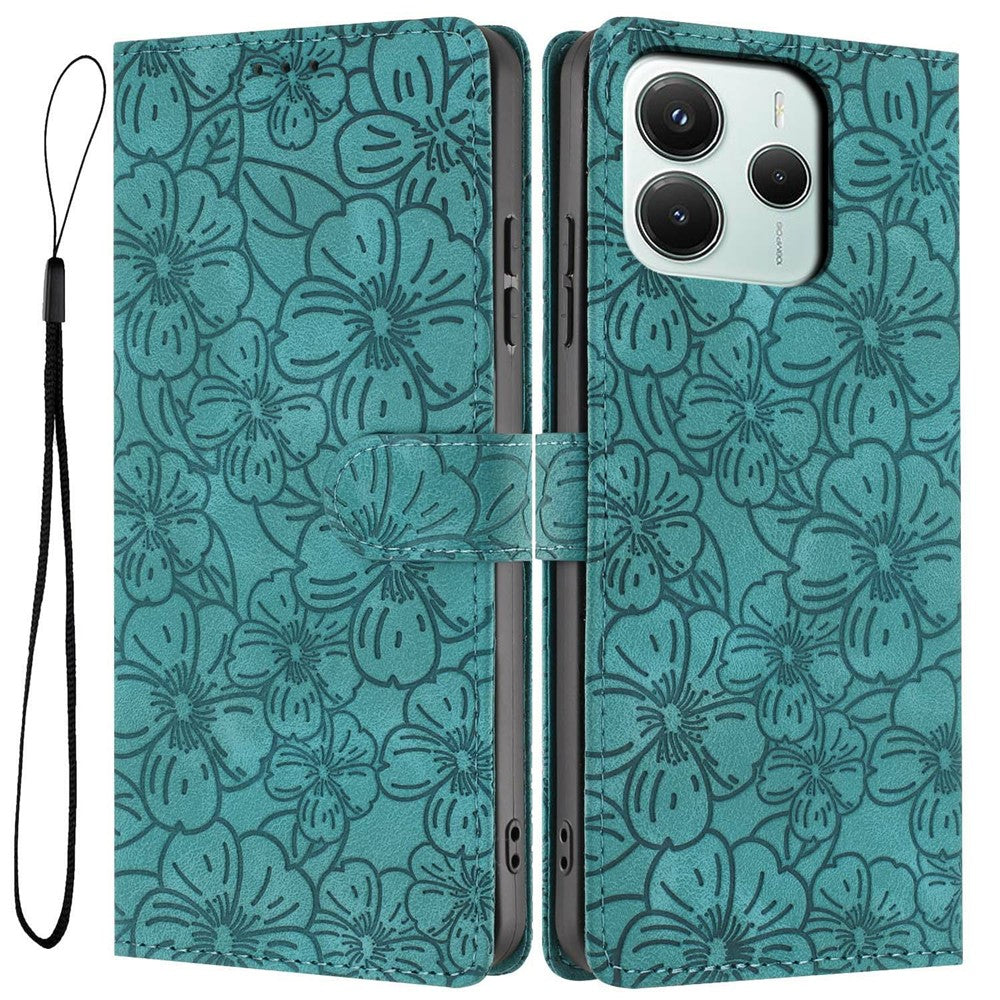 Flip Case For Xiaomi Redmi Note 14 5G  /  Poco M7 Pro 5G Leather Phone Cover Cherry Blossom Pattern Wallet Stand with Wrist Strap