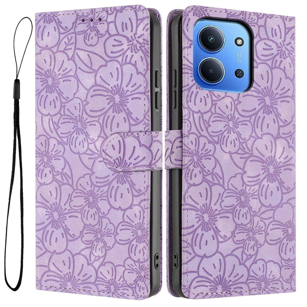 Flip Case For Xiaomi Redmi 15C 4G (EU) (173mm)  /  15C 5G (EU) (173mm) Leather Phone Cover Cherry Blossom Pattern Wallet Stand with Wrist Strap