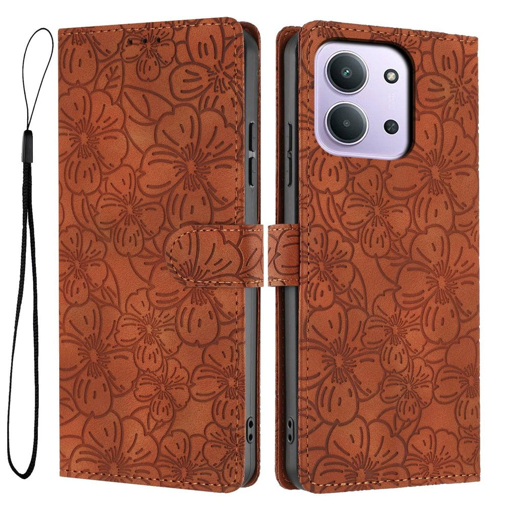 Flip Case For Xiaomi Redmi 15C 4G (Global) (171mm)  /  Poco C85 4G (171mm) Leather Phone Cover Cherry Blossom Pattern Wallet Stand with Wrist Strap