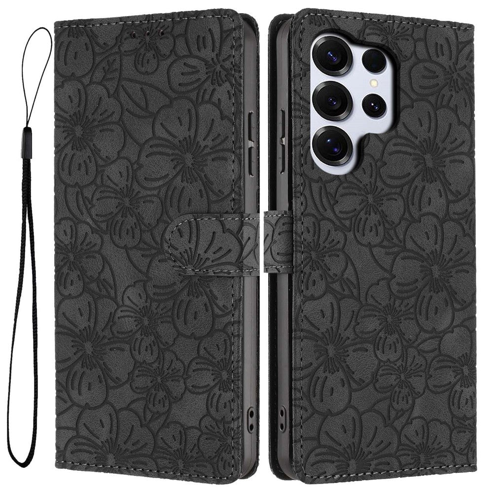 For Samsung Galaxy S26 Ultra Flip Case Cherry Blossom Pattern Leather Wallet Stand Phone Cover with Wrist Strap