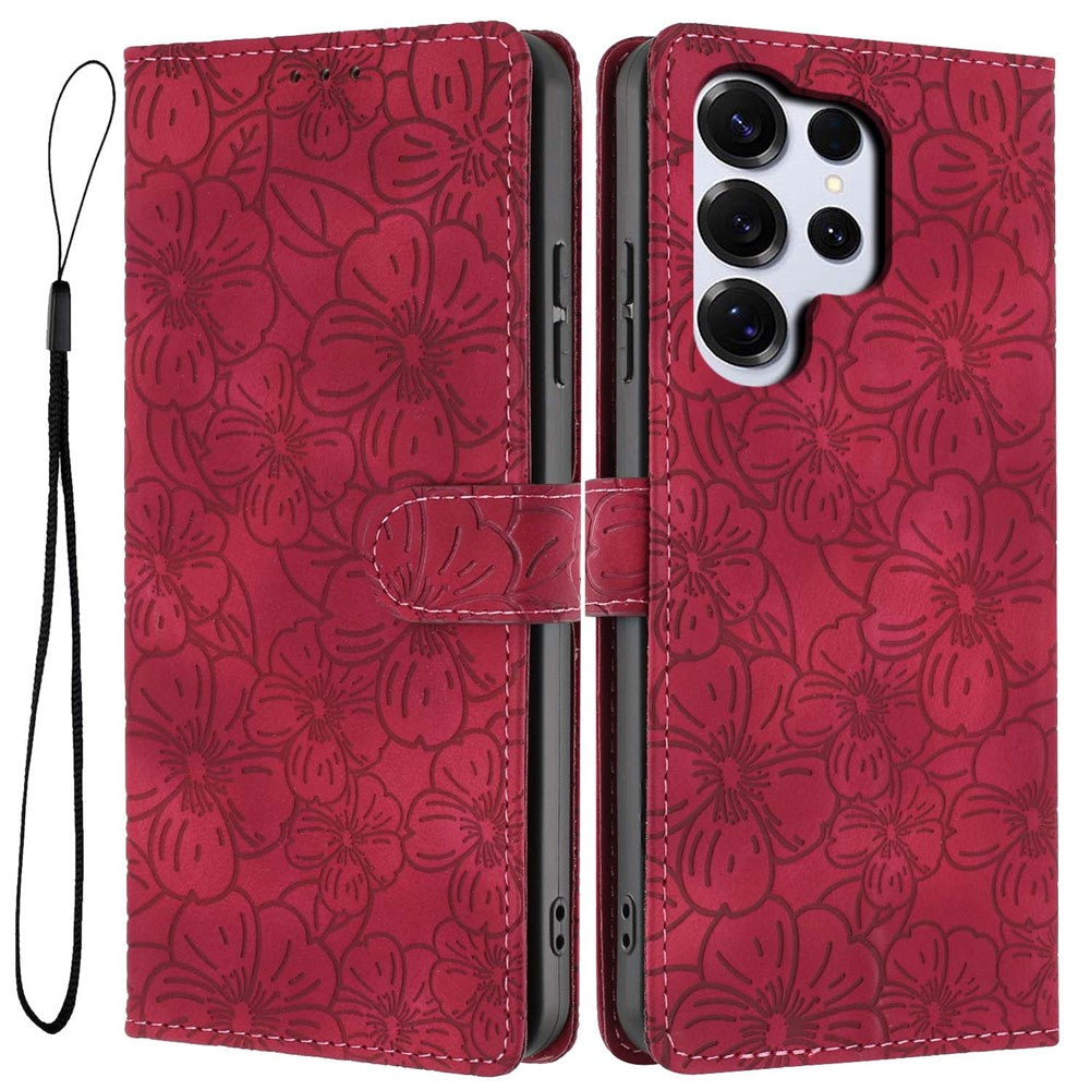 For Samsung Galaxy S26 Ultra Flip Case Cherry Blossom Pattern Leather Wallet Stand Phone Cover with Wrist Strap