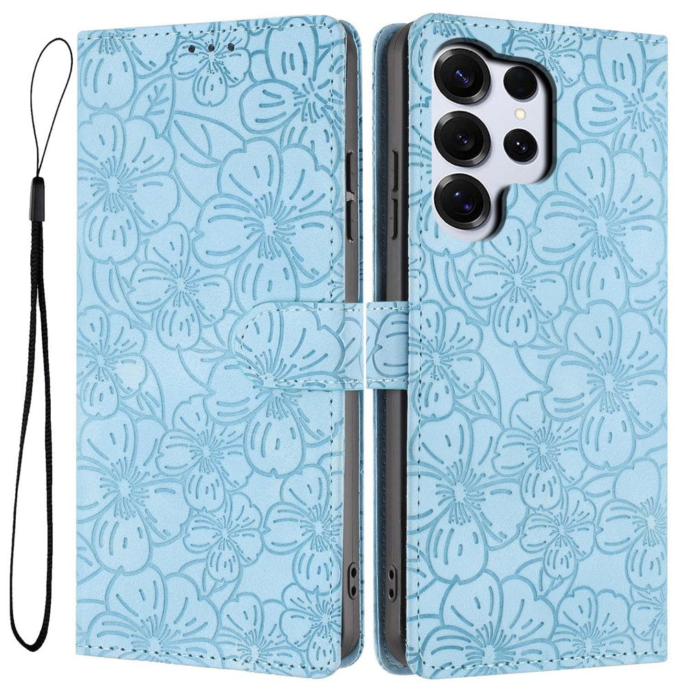 For Samsung Galaxy S26 Ultra Flip Case Cherry Blossom Pattern Leather Wallet Stand Phone Cover with Wrist Strap