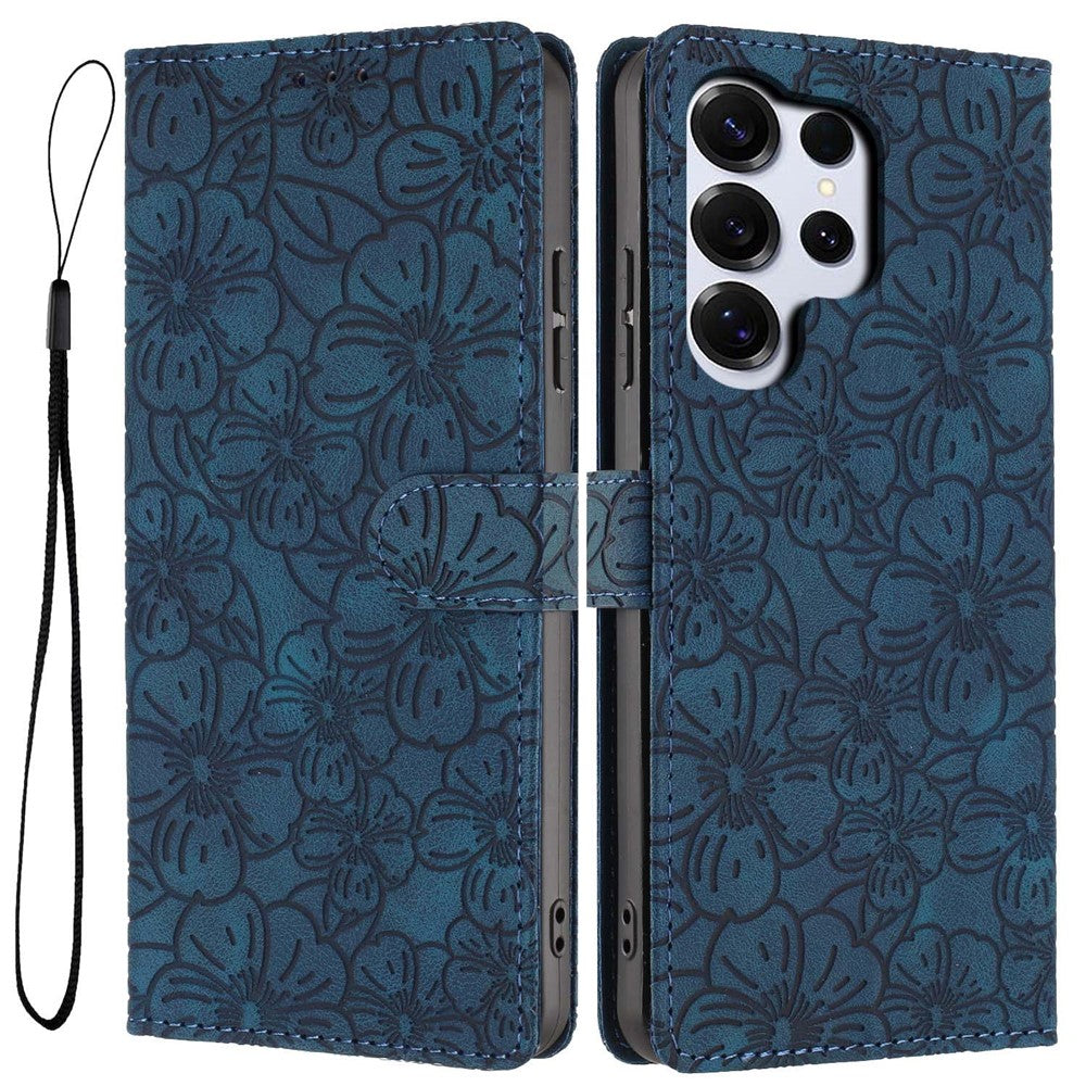 For Samsung Galaxy S26 Ultra Flip Case Cherry Blossom Pattern Leather Wallet Stand Phone Cover with Wrist Strap