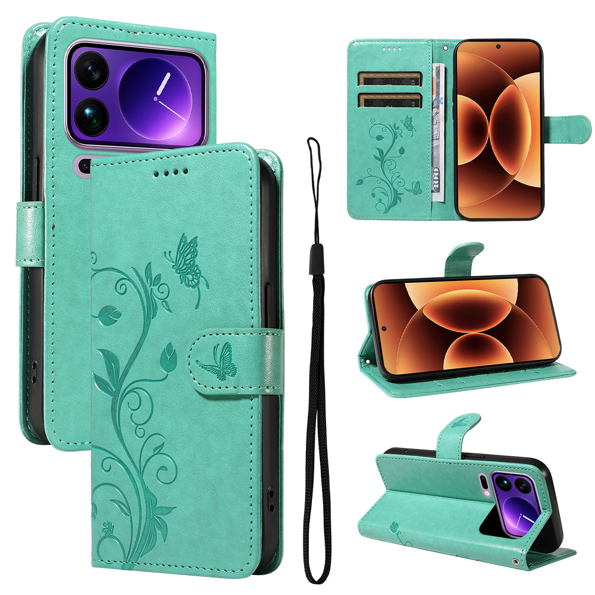For Xiaomi 17 Pro Max PU Leather Cases Flower Pattern Wallet Stand Phone Cover with Strap