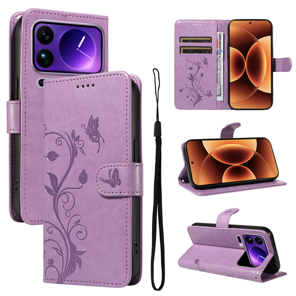 For Xiaomi 17 Pro Max PU Leather Cases Flower Pattern Wallet Stand Phone Cover with Strap