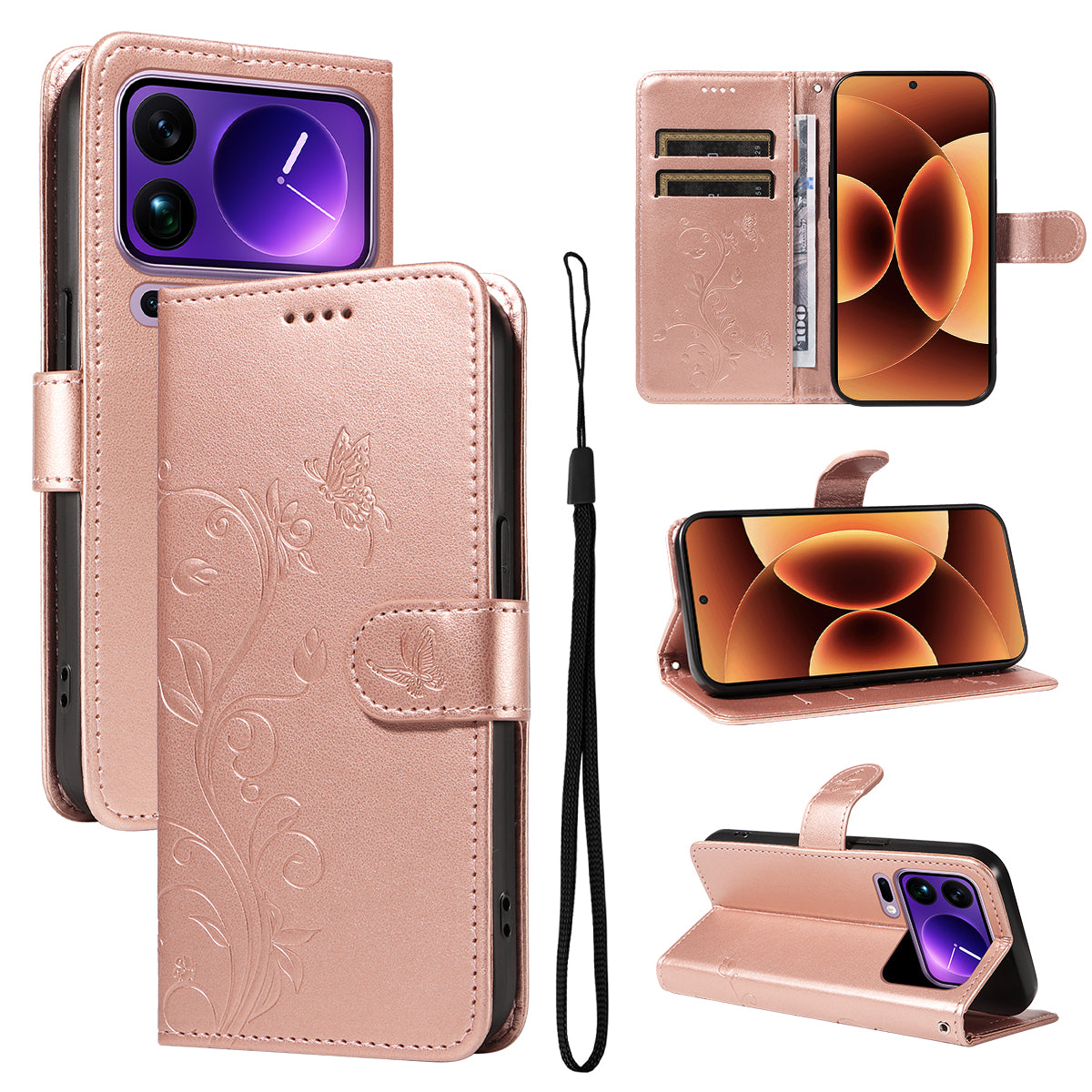 For Xiaomi 17 Pro Max PU Leather Cases Flower Pattern Wallet Stand Phone Cover with Strap
