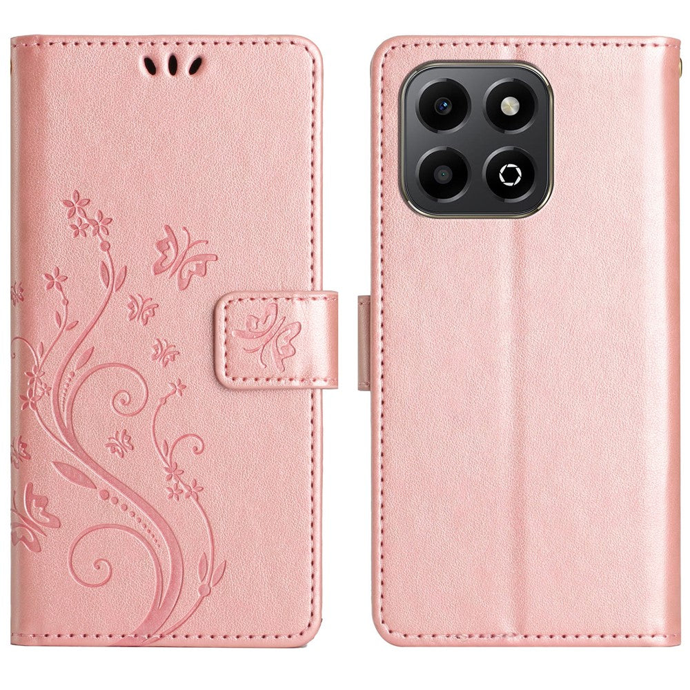 Leather Wallet Case for Honor 400 Smart 5G / 4G / X7d 4G Butterfly Flower Imprinted Phone Cover with Strap