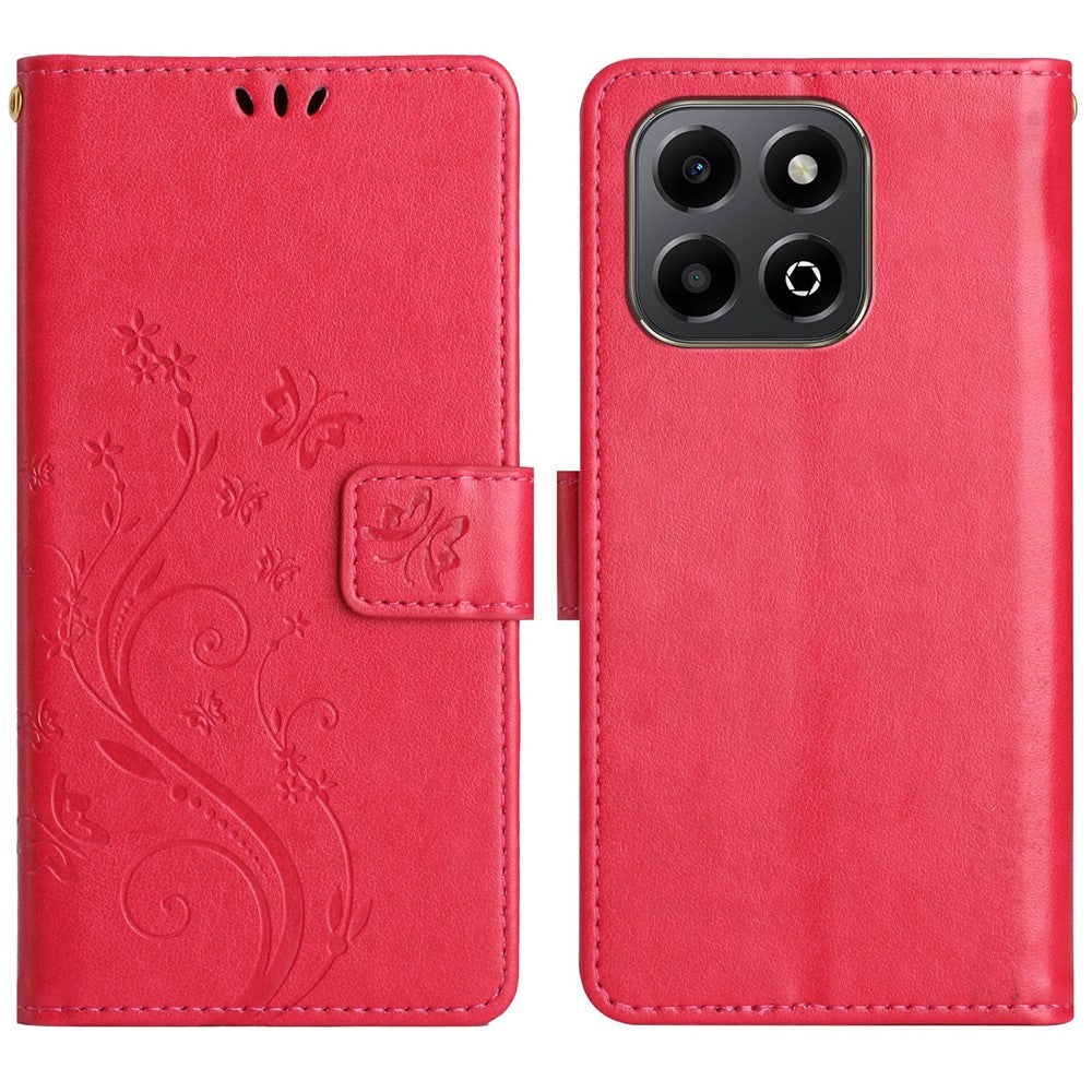 Leather Wallet Case for Honor 400 Smart 5G / 4G / X7d 4G Butterfly Flower Imprinted Phone Cover with Strap