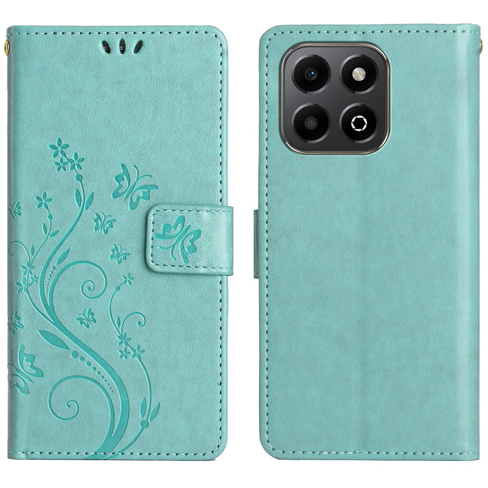 Leather Wallet Case for Honor 400 Smart 5G / 4G / X7d 4G Butterfly Flower Imprinted Phone Cover with Strap
