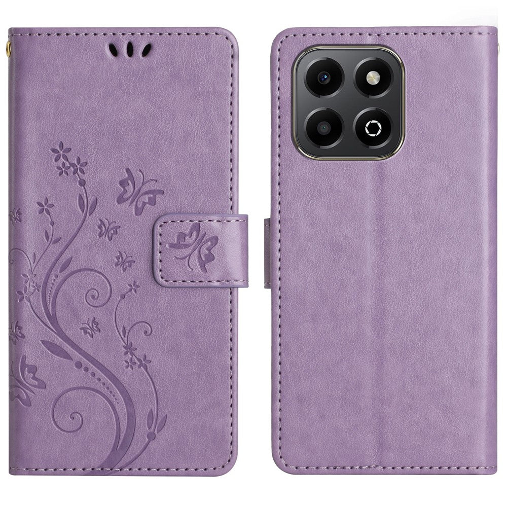 Leather Wallet Case for Honor 400 Smart 5G / 4G / X7d 4G Butterfly Flower Imprinted Phone Cover with Strap