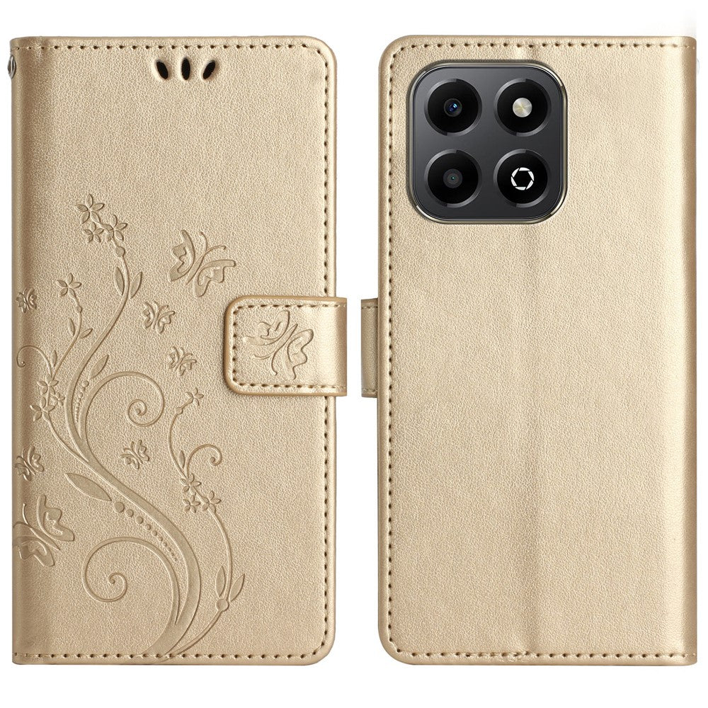 Leather Wallet Case for Honor 400 Smart 5G / 4G / X7d 4G Butterfly Flower Imprinted Phone Cover with Strap