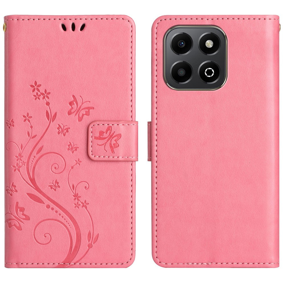 Leather Wallet Case for Honor 400 Smart 5G / 4G / X7d 4G Butterfly Flower Imprinted Phone Cover with Strap